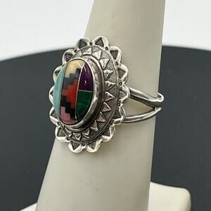 QT Quac Multi Gemstone Turquoise Sterling Silver Inlay Mosaic Navajo Ring Sz 7.5